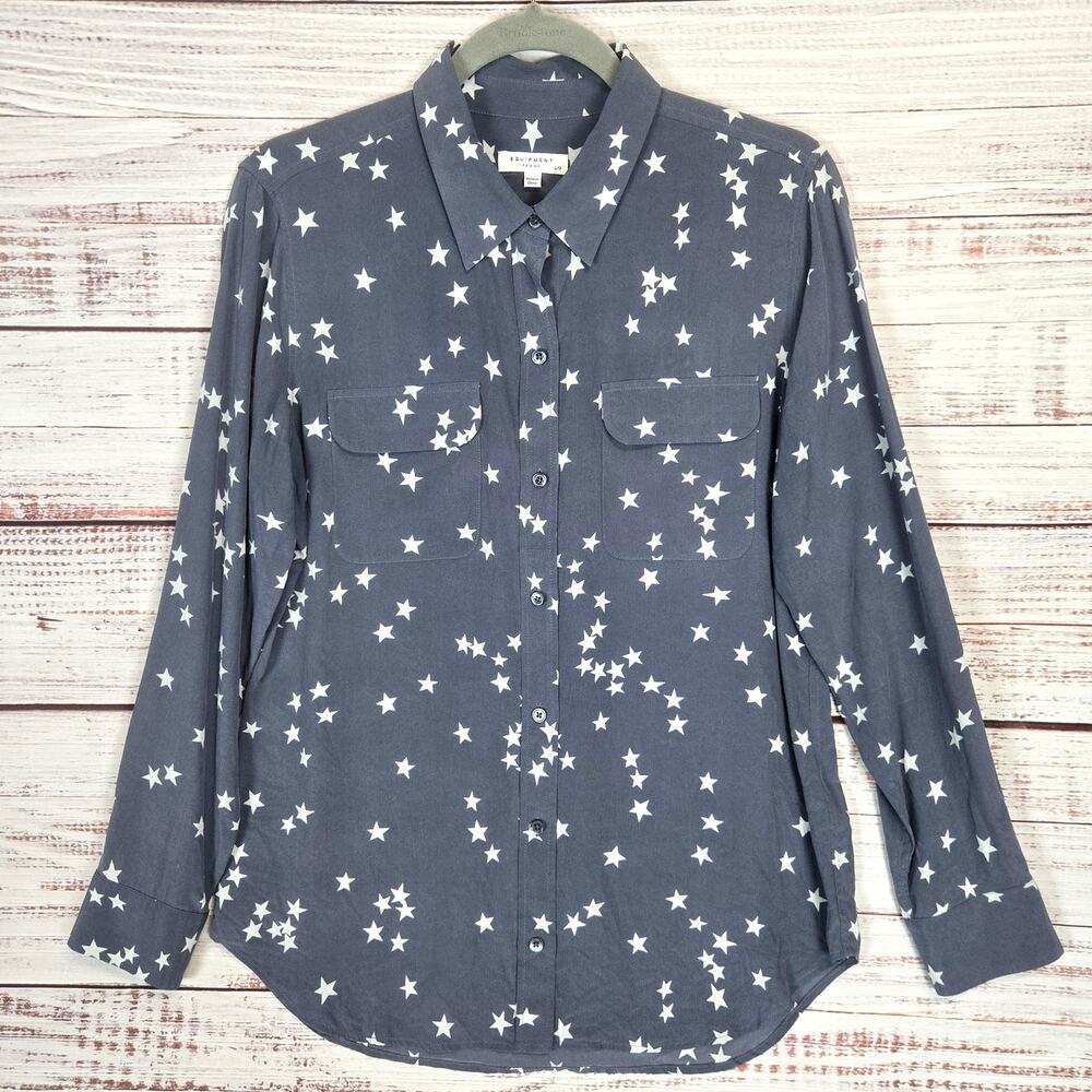 Equipment Slim Signature Silk Shirt L Bluestone Star Print Celestial Quiet Money - Picture 9 of 16